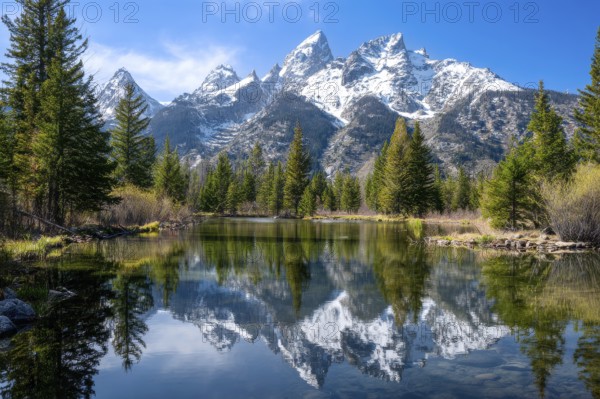 Alpine snow-peaked mountain landscape with trees reflecting in the water of pristine lake, AI generated