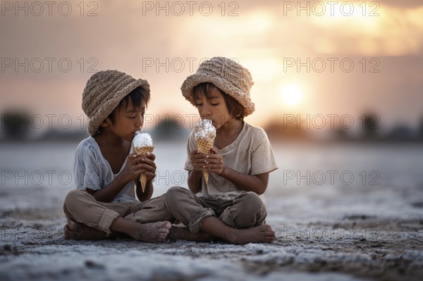 Closeup of a portrait of a children eating ice cream in hot summer day. Happy playful smiling children, AI generated