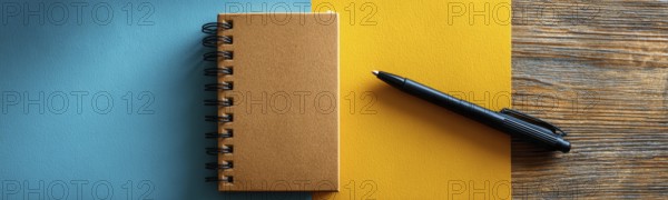 Minimalistic flat lay of office workflow productivity tools that improve efficiency and saving time and resources. Pen and notebook, AI generated