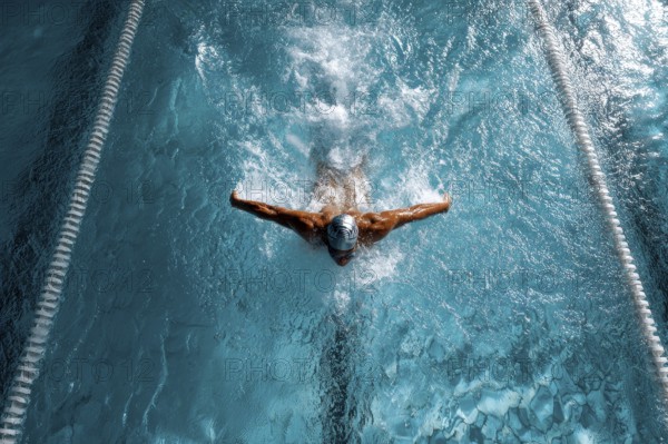 Muscular young swimmer swims in the lane. Concept of having purpose and determination and reaching objective. Healthy lifestyle and exercise, AI generated