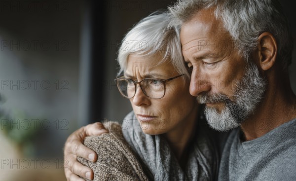 Senior couple grieving. Senior couple with health concerns or trouble in their lives or family, AI generated
