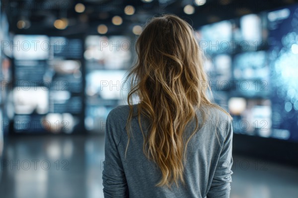 Concept of future entertainment and communication. Attractive young lady looking at wall of TVs, AI generated