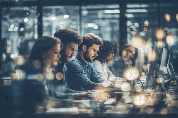 Coders, developers and IT workers work in diverse office environment to develop AI applications, AI generated