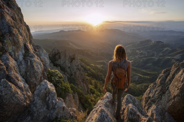Young attractive lady trekking in the mountains at sunset. Scenic mountain landscape and beautiful scenery, AI generated