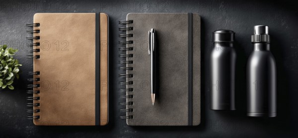 Minimalistic flat lay of office workflow productivity tools that improve efficiency and saving time and resources. Pen and notebook, AI generated
