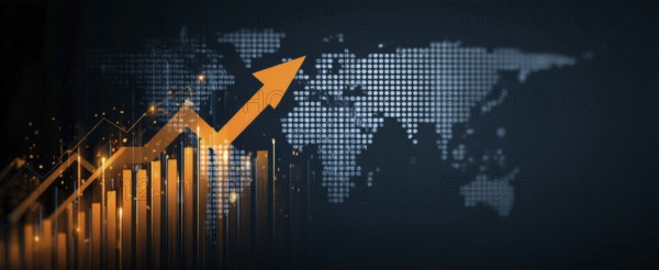 Stock market and economy growth trend fluctuations. Advanced graph business analytic tool that shows economy trends and charts in international global commerce, AI generated