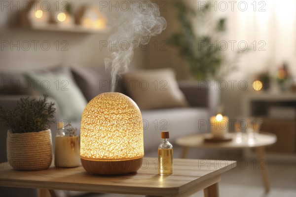 Air purifier and humidifier in a living room. Clean air and healthy environment with clean air. Air quality treatment, AI generated