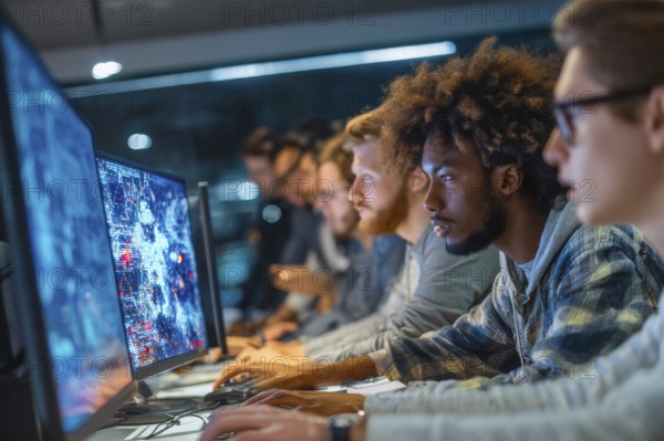 Diverse employees in corporate environment support center analyzing data and helping customers to resolve issues, AI generated