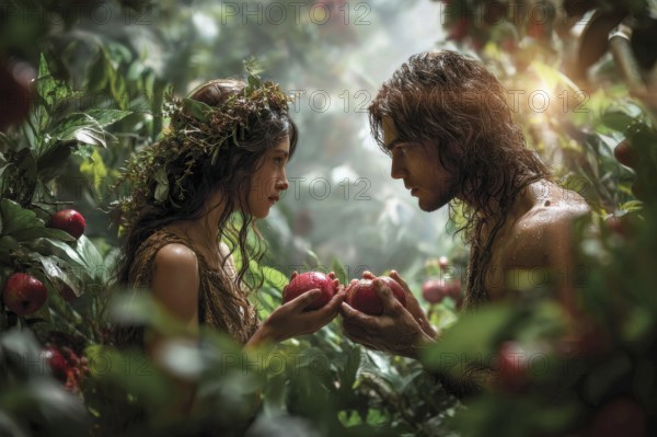 Bible story of Adam and Eve in Paradise Garden of Eden. Legend of Original sin and Temptation. Place of perfection for humans until the expulsion happened, AI generated