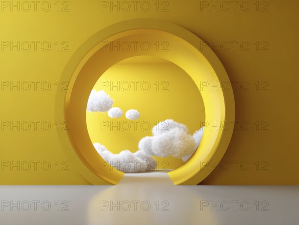 Abstract minimal yellow background with white clouds flying out the tunnel. Entrance to heavens, AI generated