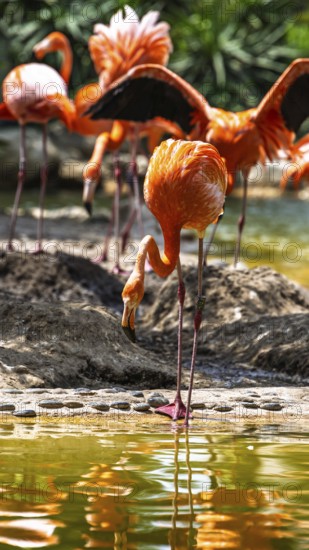 American flamingo, Phoenicopterus ruber, group of birds