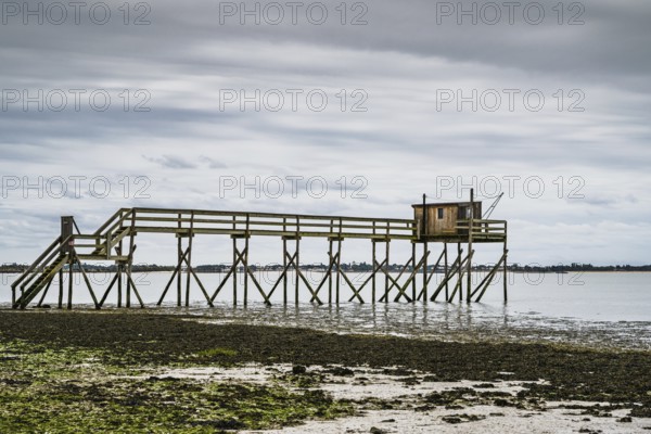 Fishing huts over Randonnee entre Histoire et Nature from a drone, Fouras, Fouras-les-Bains, Charente-Maritime, Nouvelle-Aquitaine, France
