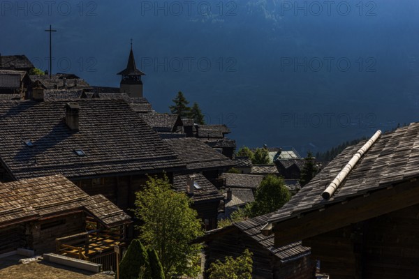 Shingle roofs at dawn, historic village centre, Grimentz, Val d'Anniviers, Valais Alps, Canton Valais, Switzerland