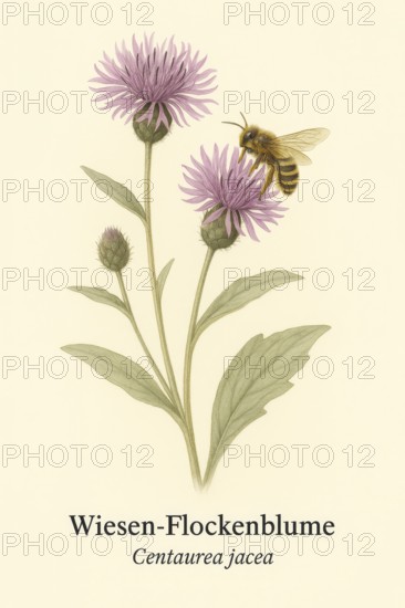 Botanical illustration of a furrow bee (Halictus scabiosae) on the native meadow knapweed (Centaurea jacea) . Illustration in classic vintage style with typical botanical labelling of the species, AI generated