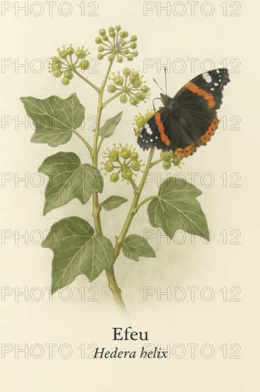 Botanical illustration of an admiral butterfly (Vanessa atalanta) on the native ivy (Hedera helix) . Illustration in classic vintage style with typical botanical labelling of the species, AI generated