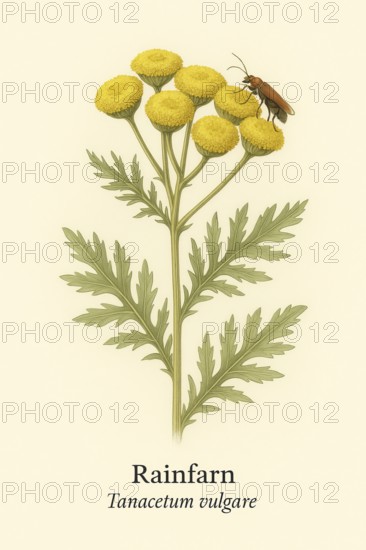 Botanical illustration of a soldier beetle (Rhagonycha fulva) on the native tansy (Tanacetum vulgare) . Illustration in classic vintage style with typical botanical labelling of the species, AI generated