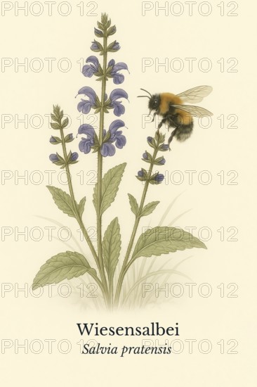 Botanical illustration of a field bumblebee (Bombus pascuorum) on the native meadow sage (Salvia pratensis) . Illustration in classic vintage style with typical botanical labelling of the species, AI generated