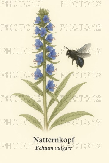 Botanical illustration of a large wood bee (Xylocopa violacea) on the native viper's bugloss (Echium vulgare) . Illustration in classic vintage style with typical botanical labelling of the species, AI generated