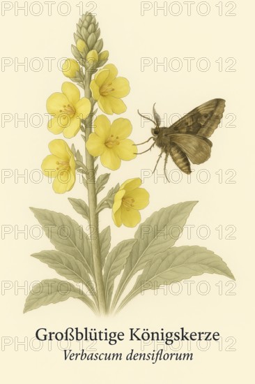 Botanical illustration of a moth (e.g. gamma owl, Autographa gamma) on the native Dense-flowered mullein (Verbascum densiflorum) . Illustration in classic vintage style with typical botanical labelling of the species, AI generated