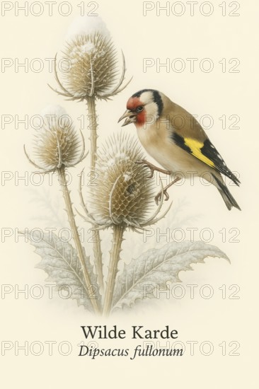 Botanical illustration of a goldfinch (Carduelis carduelis) on the native Wild teasel (Dipsacus fullonum) . Illustration in classic vintage style with typical botanical labelling of the species, AI generated