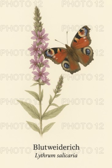 Botanical illustration of a peacock butterfly (Aglais io) on the native purple loosestrife (Lythrum salicaria) . Illustration in classic vintage style with typical botanical labelling of the species, AI generated