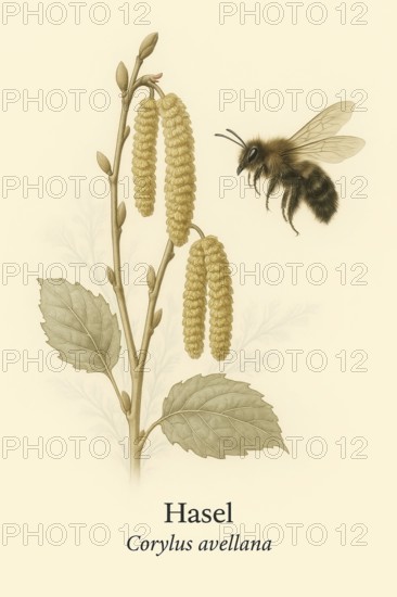 Botanical illustration of a spring fur bee (Anthophora plumipes) on the native hazel (Corylus avellana) . Illustration in classic vintage style with typical botanical labelling of the species, AI generated