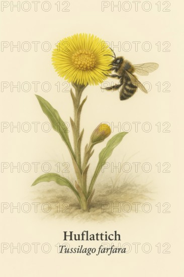 Botanical illustration of a sand bee (Andrena vaga) on the native coltsfoot flower (Tussilago farfara) . Illustration in classic vintage style with typical botanical labelling of the species, AI generated