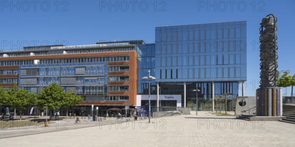 Modern office building Capita at Germaniahafen, museum harbour, Adam and Eve, sculpture by Björn Norgaard, Kiel, Kiel Fjord, Baltic Sea, Schleswig-Holstein, Germany