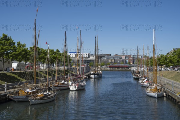 Sailing boats in Germaniahafen, museum harbour, Kiel, Kiel Fjord, Baltic Sea, Schleswig-Holstein, Germany