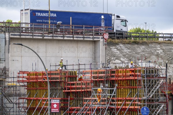 Rhine bridge Duisburg-Neuenkamp, motorway A40, start of construction of the second bridge, bridge piers are erected on the DU-Homberg side of the Rhine, North Rhine-Westphalia, Germany
