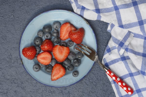 Plate with strawberries and blueberries, Fragaria, Vaccinium