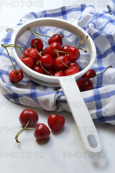 Sweet cherries in sieve, Prunus avium, bird cherry