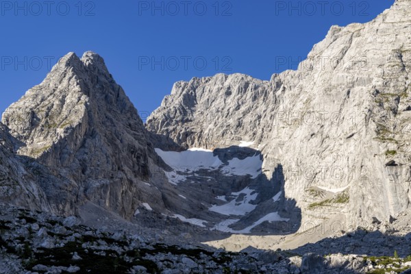 Blue ice glacier in the middle of Blaueisspitze, Hochkalter and Rotpalfen, Berchtesgaden Alps, Berchtesgaden National Park, Ramsau, Berchtesgadener Land, Upper Bavaria, Bavaria, Germany