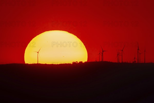 From the summit plateau of the Großer Feldberg in the Taunus mountains, you can watch the sun set behind several wind turbines on the distant horizon, Hesse, Germany