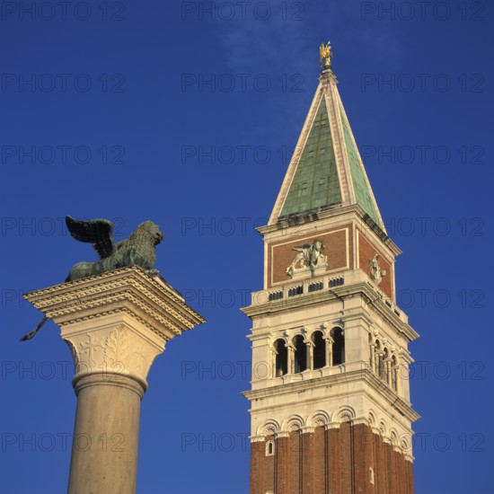Piazza San Marco, Campanile (bell tower), St Mark's Column, St Mark's Square, Venice, Veneto, Italy