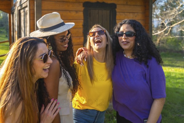 Four multi ethnic female friends enjoying a day together, laughing and having fun outdoors