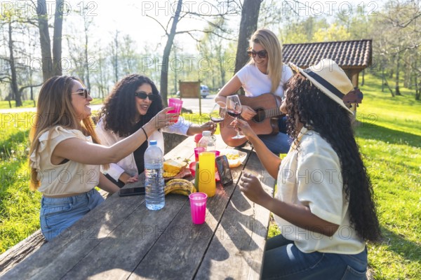 Happy multi ethnic women enjoying a picnic in nature, toasting with drinks, playing guitar, and celebrating friendship on a sunny day