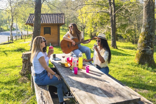 Cheerful young women enjoying a picnic in a sunny park, with one playing guitar, sharing drinks, food, and laughter