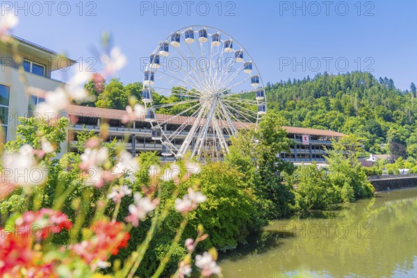 A Ferris wheel towers over a river and colourful flowers, surrounded by dense trees and a clear sky, 950 years Calw, Germany