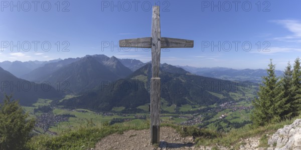 Panorama from Hirschberg, 1456m, into Ostrachtal with Bad Oberdorf, Bad Hindelang and Imberger Horn, 1656m, Oberallgäu, Allgäu, Swabia, Bavaria, Germany