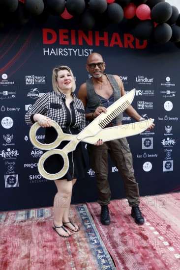 Janine Becker (owner) and Pierre Sanoussi-Bliss at the VIP opening of the new Deinhard Salon Am Mühlanger 3, Berlin, 28 June 2025
