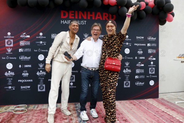 Marcell Damaschke, Arno Funke and Julian F. M. Stöckel at the VIP opening of the new Deinhard Salon Am Mühlanger 3, Berlin, 28 June 2025
