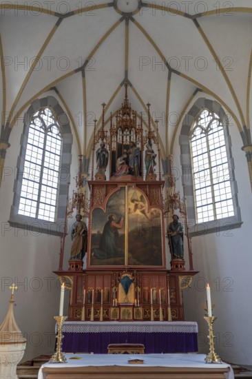 Altar of the parish church of St John the Baptist, rebuilt after a fire in 1872 in neo-Gothic style, Lorettostraße 31, Obersdorf Bavaria, Germany