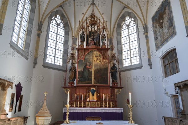 Altar of the parish church of St John the Baptist, rebuilt after a fire in 1872 in neo-Gothic style, Lorettostraße 31, Obersdorf Bavaria, Germany