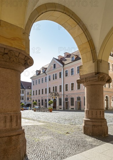 View of Hotel Börse through the arches of the New Town Hall of Görlitz, Lower Market Square - Untermarkt, Goerlitz, Germany