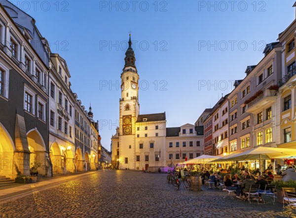 Night-time view of Untermarkt - Lower Market Square and the Old Town Hall Clock Tower, Görlitz, Goerlitz, Germany