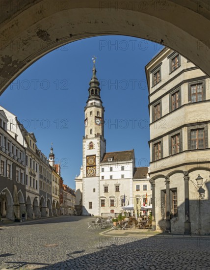 View of Untermarkt - Lower Market Square and the Old Town Hall Clock Tower, Görlitz, Goerlitz, Germany