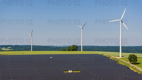 Landscape in the Swabian Alb near Amstetten. Wind farm and solar field. Amstetten, Baden-Württemberg, Germany