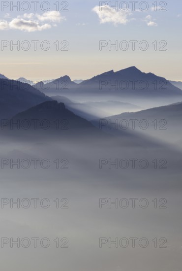 Grazing light in the mountains... Alpine panorama, Alpine peaks and mountain ranges in the Bavarian Alps in late light with low sun, romantic view from Oberstdorf towards Kleinwalsertal, local nature, Bavaria, Allgäu, Allgäu Alps, Bavarian Alps, Germany, Western Europe