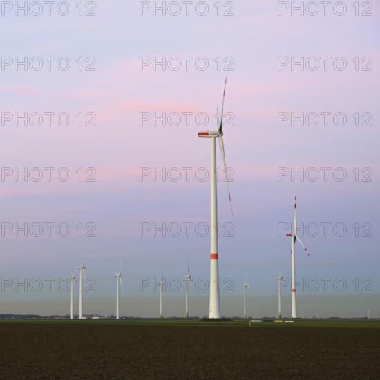 Wind turbines... Energy generation, renewable energy, high wind turbines, wind turbines, wind energy park, wind turbines, wind park in the Bay of Cologne in fine weather in front of polluted sky, polluted air, administrative district of Cologne, North Rhine-Westphalia, Germany, Western Europe